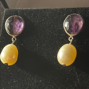 Amazing sliced amethyst and pink fresh water pearl Drop Earrings sterling silver